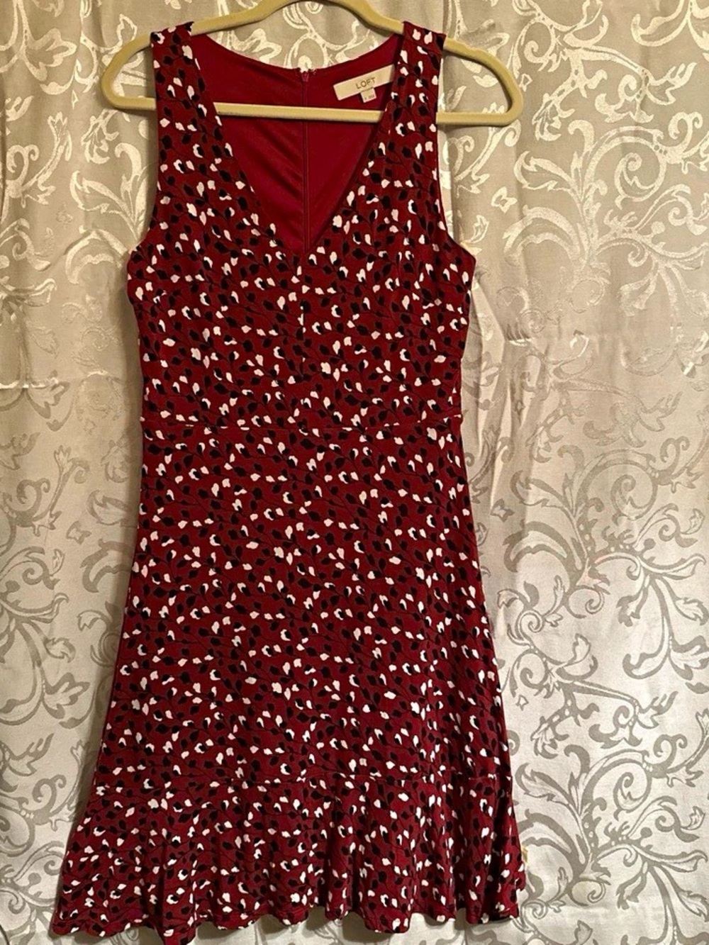LOFT Red V-Neck Sleeveless Midi Dress with Black & White Spot Print